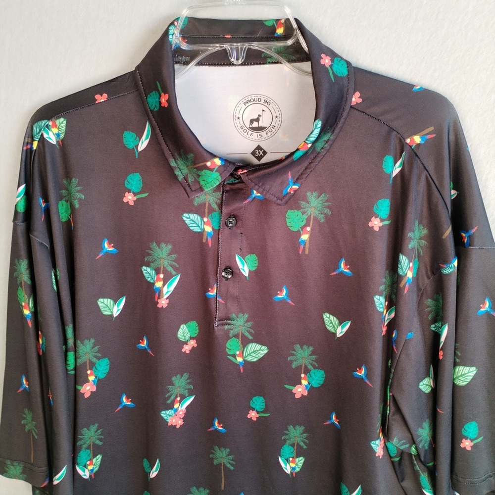 Proud 90 Golf Is Fun Polo Shirt Mens 3X Tropical Parrot Palm Tree Performance
